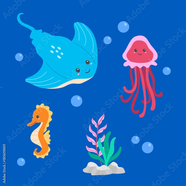 Obraz Hand drawn cute sea animals elements set