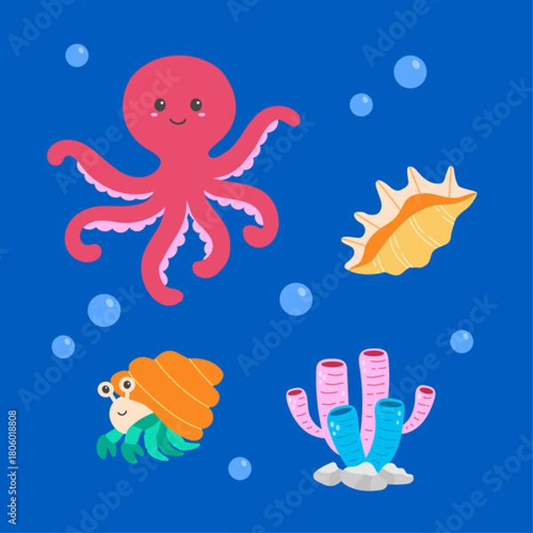 Obraz Hand drawn cute sea animals elements set