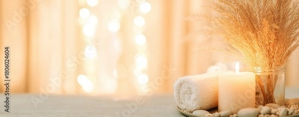 Obraz Relaxing spa setting with candles and dried flowers indoor serenity soft lighting calm atmosphere