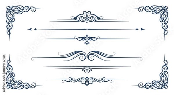 Fototapeta Decorative design elements collection, elegant borders, corners, flourishes, and dividers in vector format