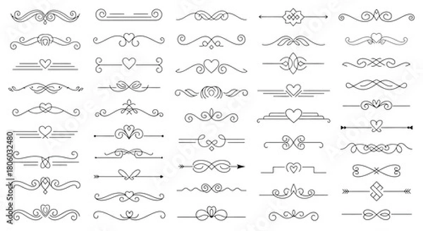 Fototapeta Elegant Decorative Divider Elements Collection Flourishes, Swirls, and Heart Embellishments for Design