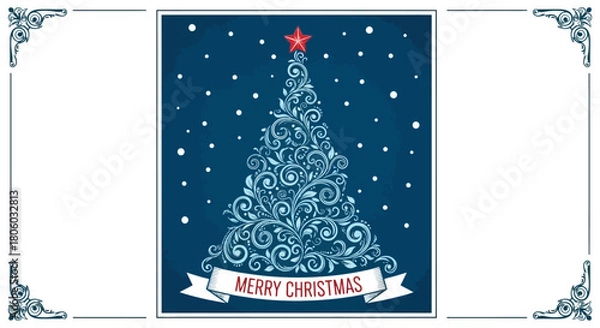 Fototapeta Elegant Christmas Tree Illustration with Star and Merry Christmas Banner in a Snowy Night Scene