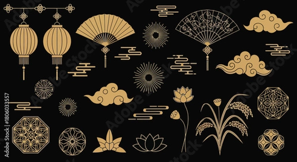Fototapeta Elegant Chinese Design Elements Fan, Lantern, Cloud, and Floral Motifs in Golden Hues on Black