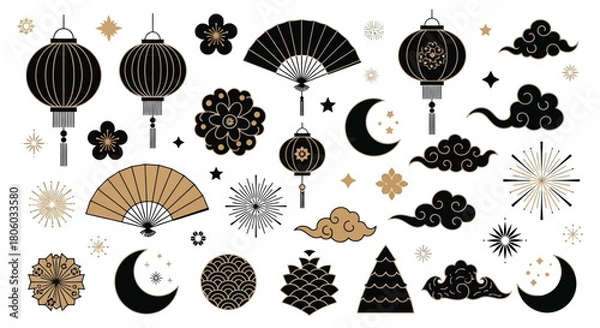 Fototapeta Elegant Lunar New Year Decorations Lamps, Fans, and Celestial Elements in a Festive Vector Set