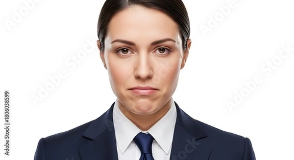 Obraz Portrait of a young businesswoman with a serious expression, wearing a dark suit and tie against a white background.