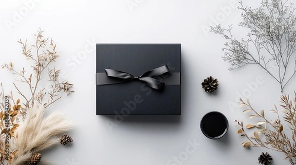 Fototapeta A flat lay composition featuring a black gift box with a ribbon, pinecones, and dried floral arrangements on a white surface.