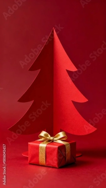 Fototapeta A minimalist red paper Christmas tree stands beside a golden-bowed gift box against a vibrant red background evoking festive cheer.