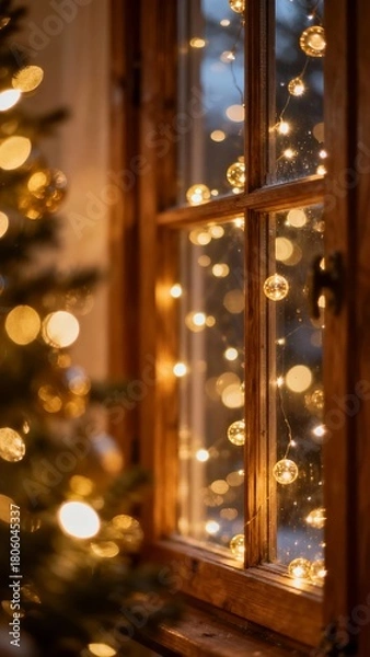 Fototapeta A cozy Christmas scene featuring a warmly lit window adorned with twinkling fairy lights complemented by a softly blurred Christmas tree in the foreground.