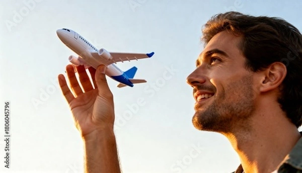 Obraz Cheerful man holding toy airplane towards clear sky, symbolizing travel dreams and aspiration, backlit by warm sunset light