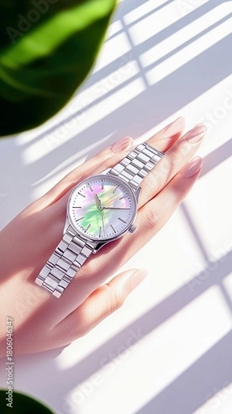 Fototapeta A close-up shot of a woman's hand wearing a silver wristwatch with a unique, iridescent dial, highlighted by natural light and shadows.