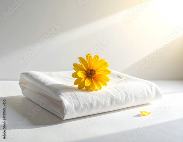 Fototapeta Yellow Daisy on Stacked White Towels with Softly Draped Curtain Backdrop.
