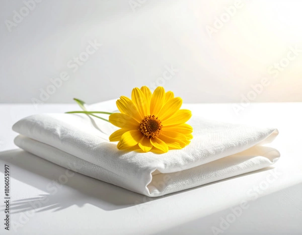 Fototapeta Soft White Towels with Yellow Flower in Morning Sunlit Spa or Hotel Setting.