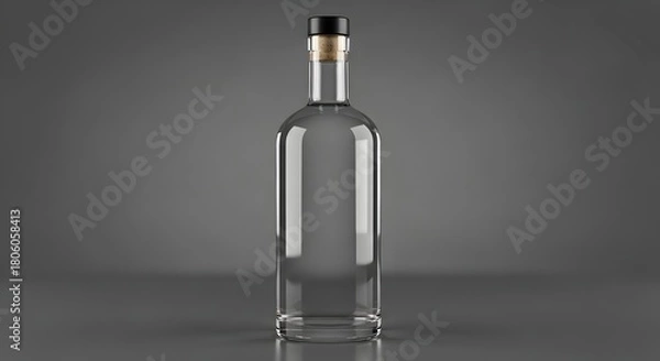 Fototapeta Empty clear glass bottle with cork stopper on gray background for product mockup