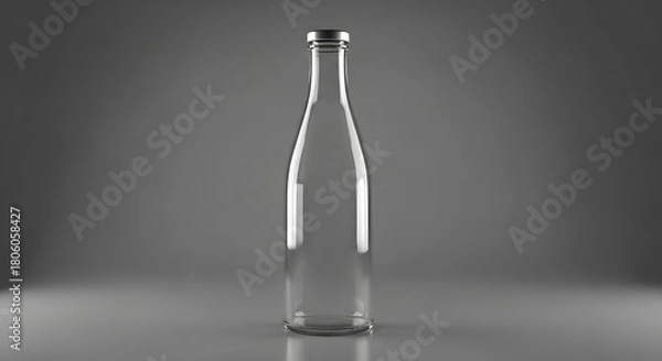 Fototapeta Empty clear glass bottle with silver cap on a neutral gray studio background