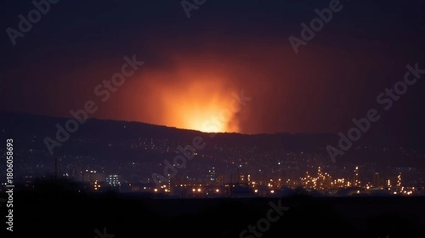 Fototapeta Fire in the distance. Something burns after a missile or drone strike out of the city border