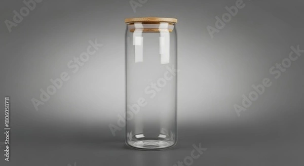 Obraz Empty tall cylindrical glass container with wooden lid for beverage product mockup