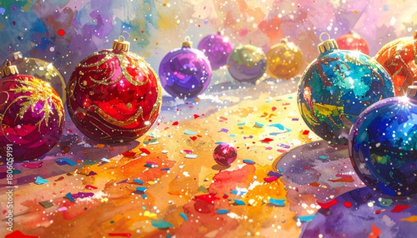 Fototapeta Christmas ornament ball decoration with colorful confetti on bright background, festive holiday celebration with shiny glitter and vibrant colors creating joyful atmosphere