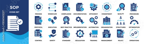 Obraz SOP (Standard Operating Procedure) collection set. Containing process, guidelines, workflow, compliance, documentation, efficiency, consistency, quality, procedure icon