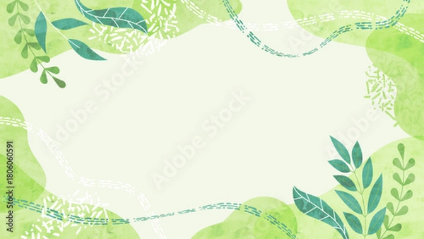 Obraz 風そよぐ新緑の背景フレーム 植物や葉のナチュラルな水彩イラスト枠