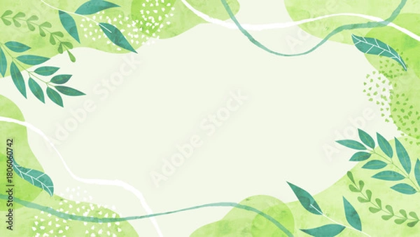 Obraz 風そよぐ新緑の背景フレーム 植物や葉のナチュラルな水彩イラスト枠