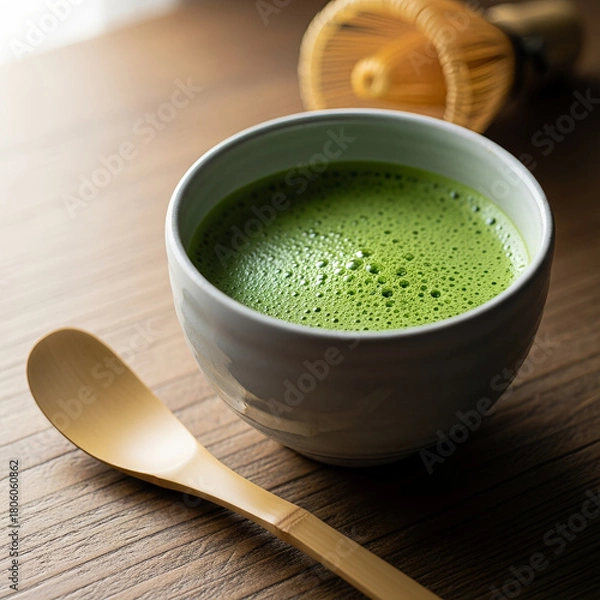 Obraz Cup of matcha tea with a wooden spoon and whisk on a wooden table creating a serene atmosphere
