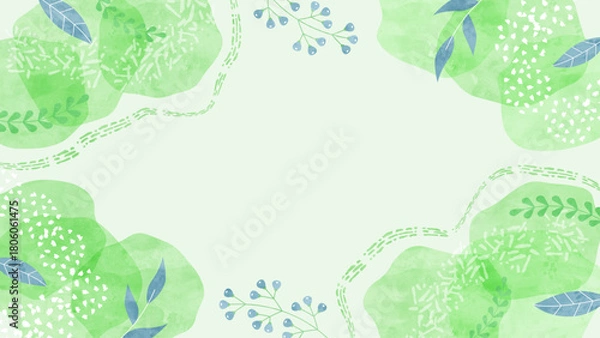 Obraz 風そよぐ新緑の背景フレーム 植物や葉のナチュラルな水彩イラスト枠