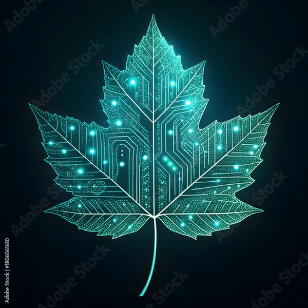 Obraz Digital Maple Leaf with Circuit Board Pattern and Neon Glow