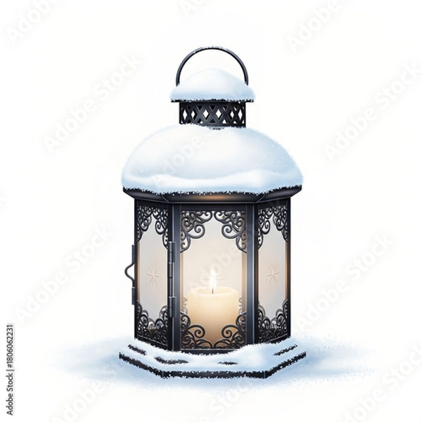 Fototapeta Snow-covered lantern with a warm candlelight glowing inside 