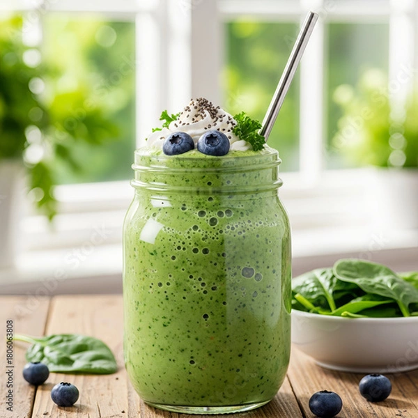 Obraz Green smoothie in a jar topped with whipped cream and blueberries, creating a healthy drink concept