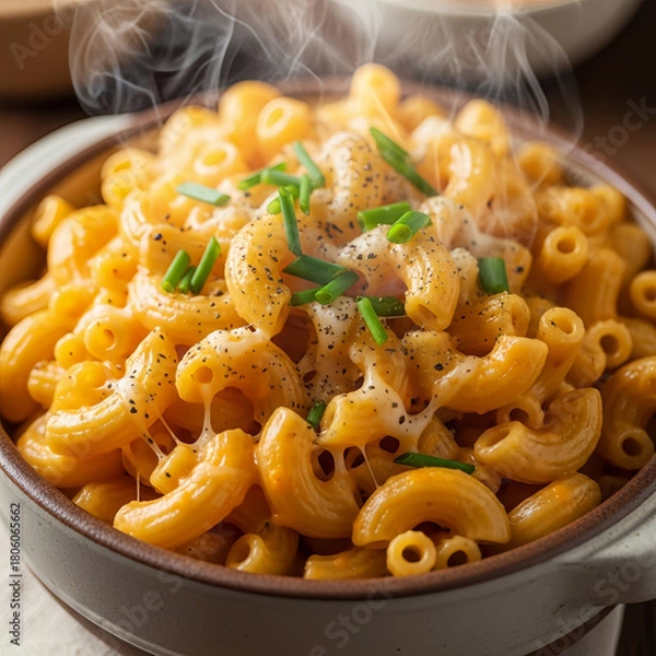 Obraz Warm and creamy mac and cheese bowl garnished with chives on a cozy table