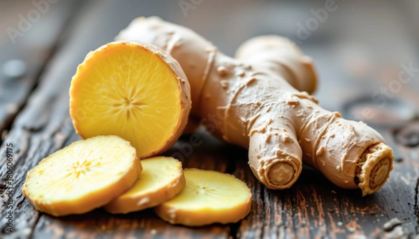 Fototapeta Fresh ginger root with sliced pieces on rustic wooden background, emphasizing herbal medicine, natural healing, organic food, and traditional health remedies.