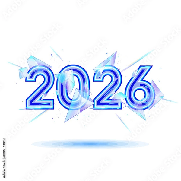 Fototapeta Blue Neon 2026 Numbers Exploding Into Ice Shards With Light Rays