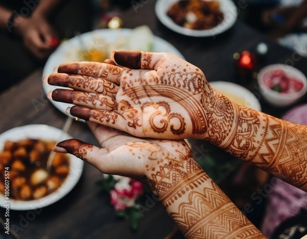 Fototapeta Close-Up of Intricate Henna Designs on Arab Woman's Hands