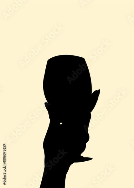 Fototapeta Silhouette of hand holding a wine glass. Icon of cup on fist finger concept. Vector illustration.