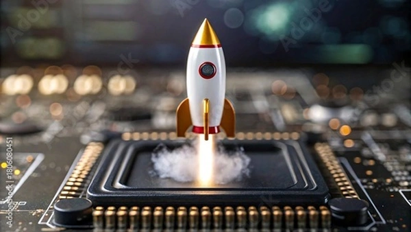 Obraz Mini rocket launching from microchip symbolizing technology innovation
