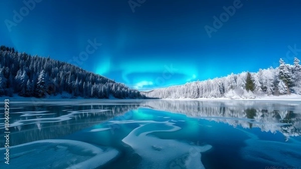 Fototapeta A crystal clear frozen lake with northern lights overhead, surrounded by snow covered forests