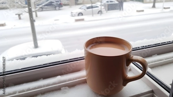 Fototapeta A steaming mug of hot chocolate on a frosted window, outside a soft snowfall gently blankets the street