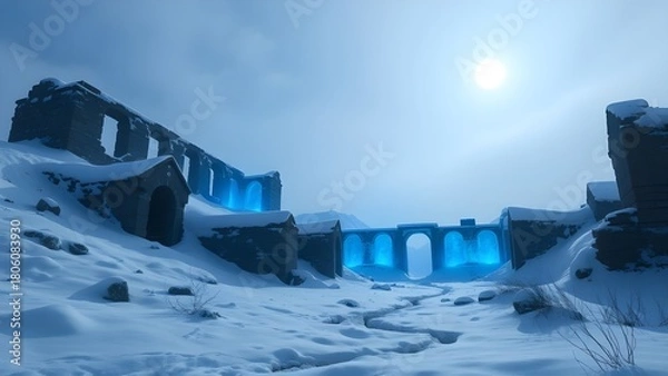 Fototapeta Ancient building with magical blue color in winter