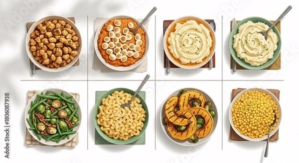 Fototapeta Overhead view of eight bowls filled with various prepared dishes, including chickpeas, sweet potatoes, mashed potatoes, green beans, and corn.