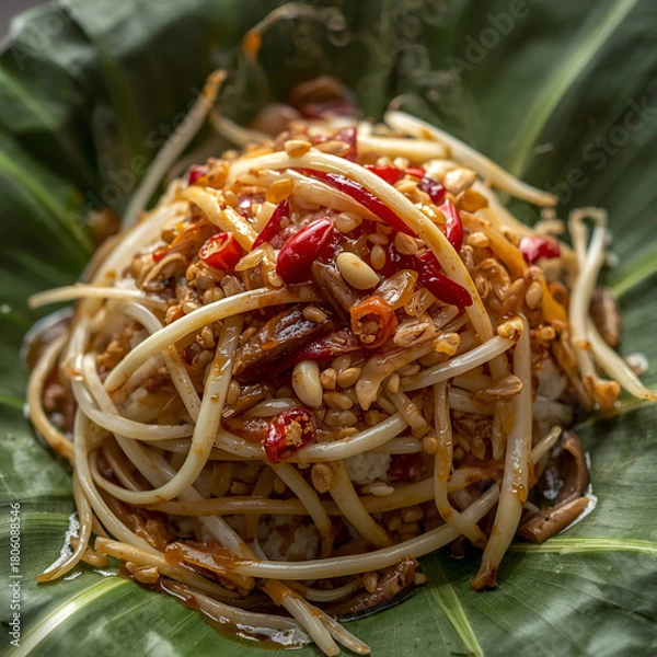 Obraz Toge goreng, bean sprouts stir-fried, the white fresh bean sprouts, toge putih, look slightly wilted and glossy, fully coated in savory oyster sauce
