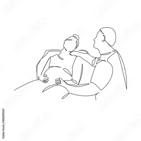 Fototapeta One continuous single drawing line art flat doodle husband, woman, birth, hospital, maternity, childbirth, labor. Isolated image hand draw contour on a white background, hand drawn, not AI