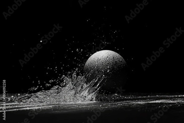 Obraz Sphere splashes water, frozen moment in monochrome photography