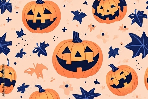 Obraz Halloween pattern grinning jack-o-lanterns & autumn leaves