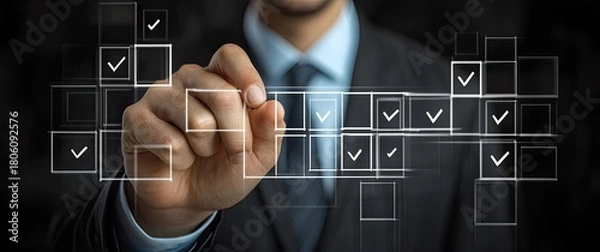 Obraz Man checks virtual boxes with ticks in digital interface