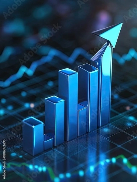 Obraz Blue bar graph with upward arrow showing increase