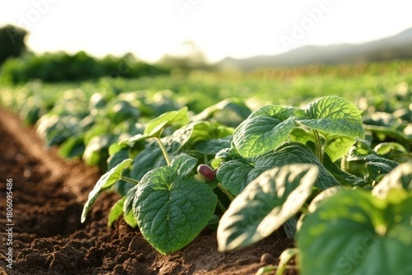 Obraz Farm field row of leafy plants stretches to distant hills