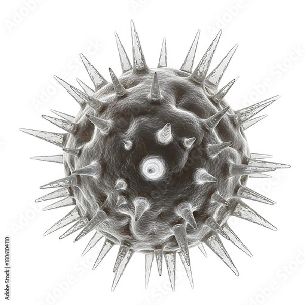 Fototapeta Detailed close up rendering of a spiky pathogen cell on white backdrop