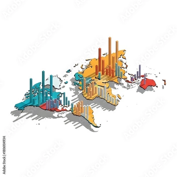 Fototapeta World map with bar graphs representing data on white background