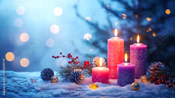 Fototapeta A serene winter scene featuring glowing candles festive decorations and a softly blurred snow covered background