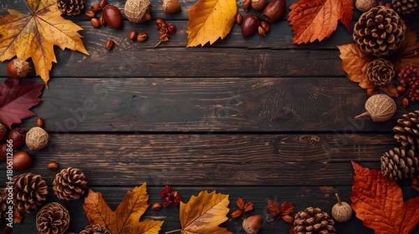 Fototapeta A rustic dark wooden background framed by vibrant autumn leaves, pinecones, acorns, and berries, perfect for fall season themes.